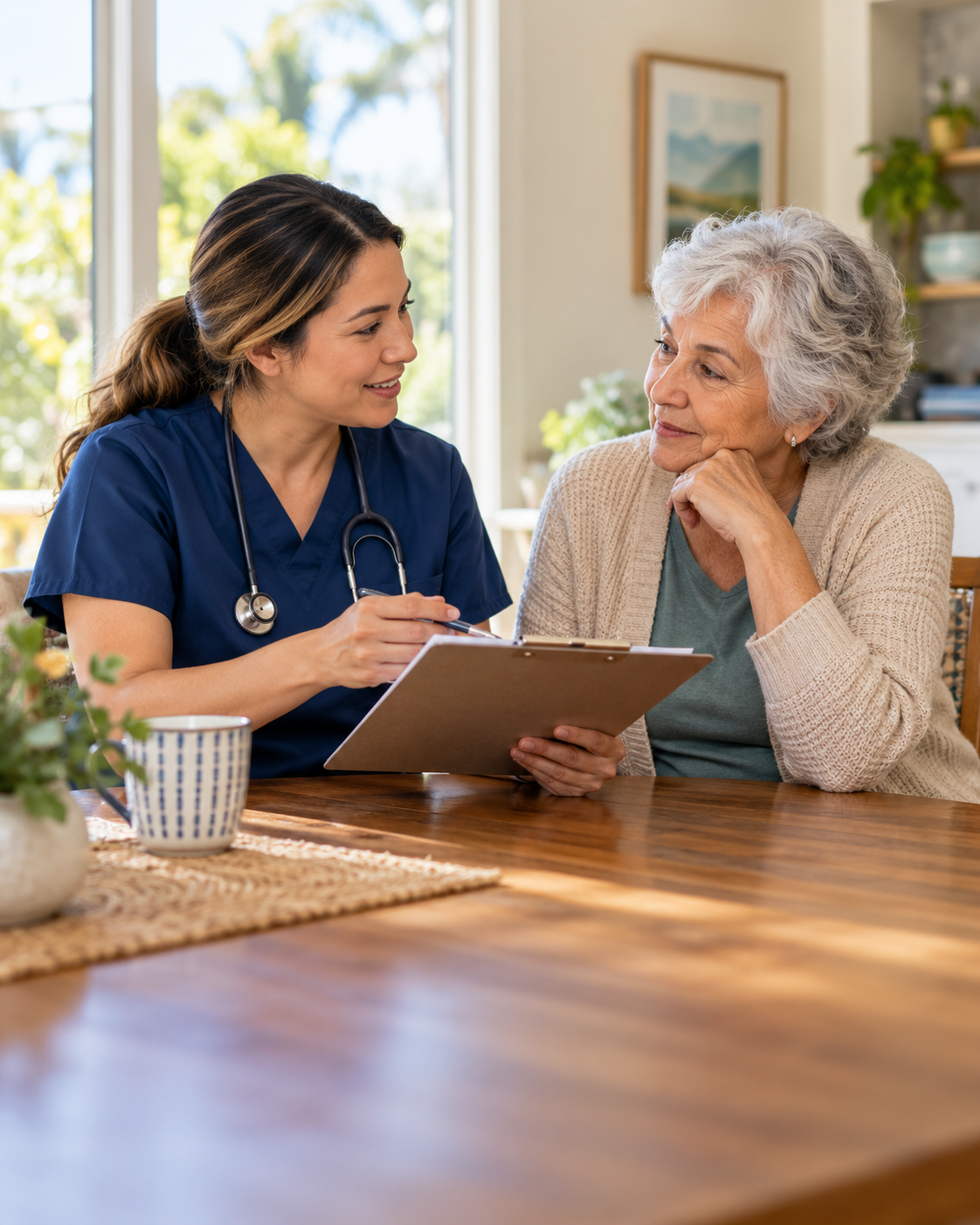 Medicare home health care discussion between a nurse and an older adult at home
