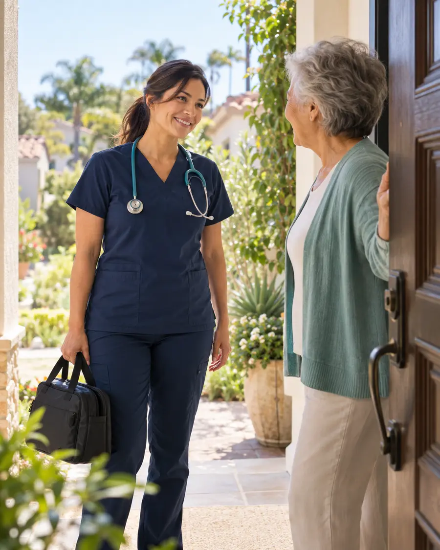 Home health nurse arriving for an in-home visit in Southern California